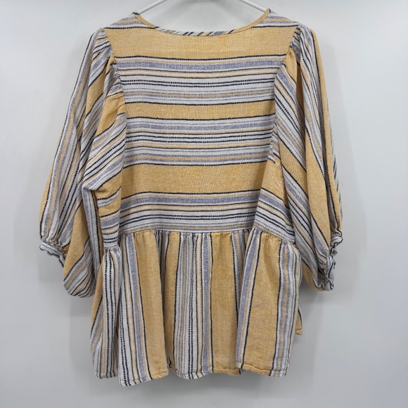 Ava James Top Women 2X Yellow Blue Striped Linen Cotton Blend Short Puff Sleeves - Picture 6 of 12